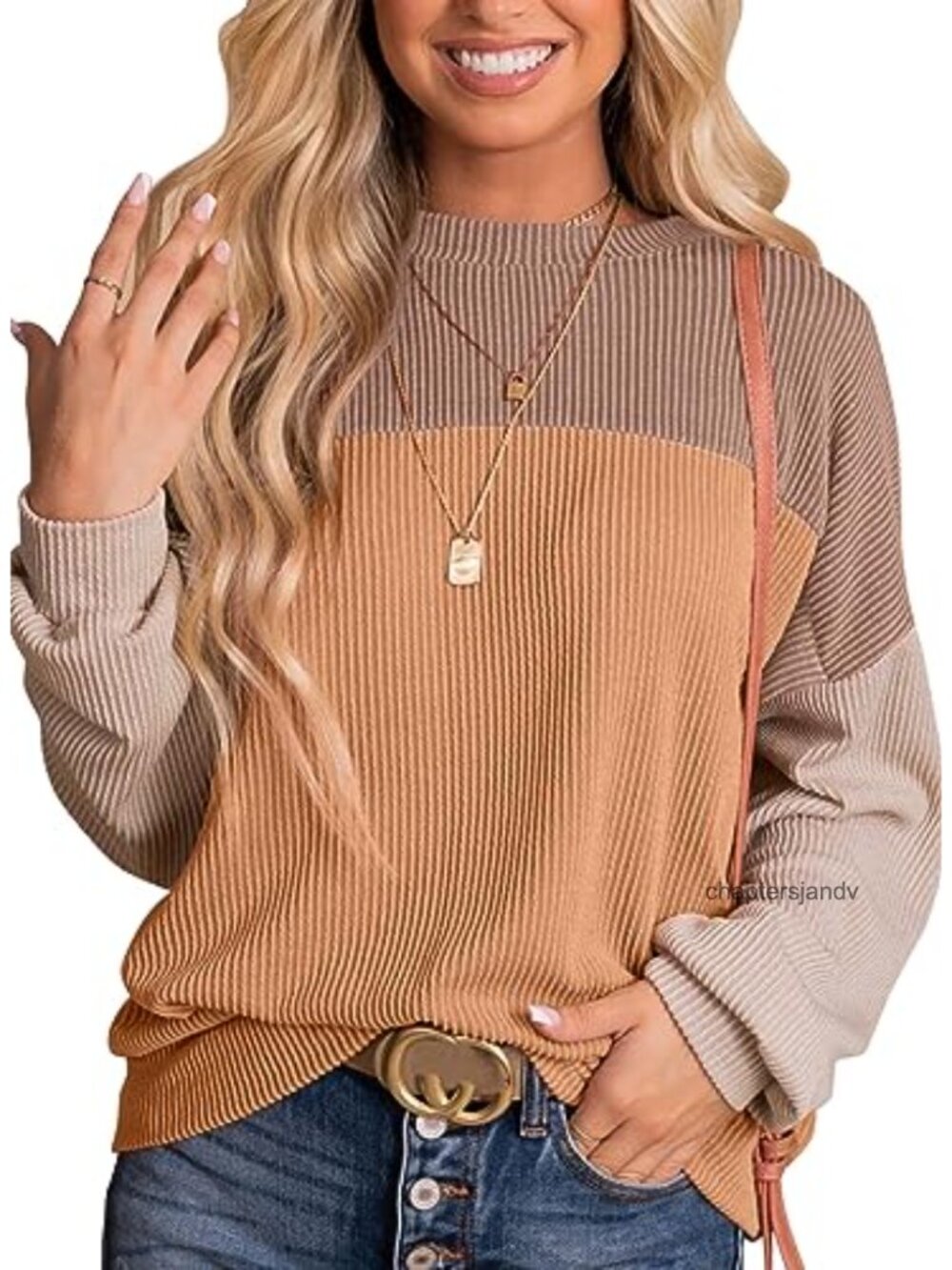 Womens Long Sleeve Color Block Ribbed Knit Tunic Top Casual Loose Blouse